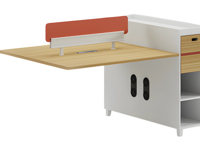 Mesa de escritório moderna com encosto, espaço de armazenamento e prateleiras