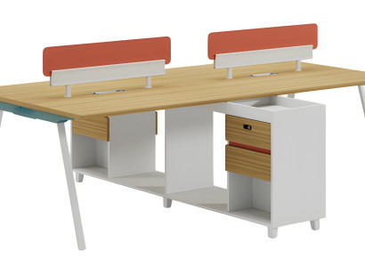 Mesa de escritório moderna com encosto, espaço de armazenamento e prateleiras