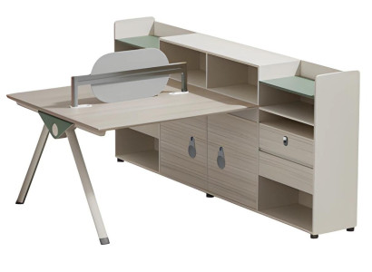 Mesa moderna bege com espaço de armazenamento e encosto para escritório e casa