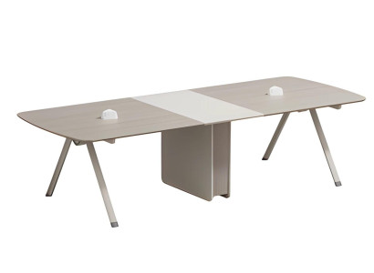 Mesa de reunião modular em bege com gaveta embutida e design moderno