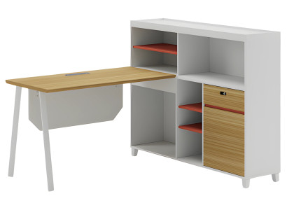 Mesa de canto moderna branca com armazenamento e prateleiras laranja