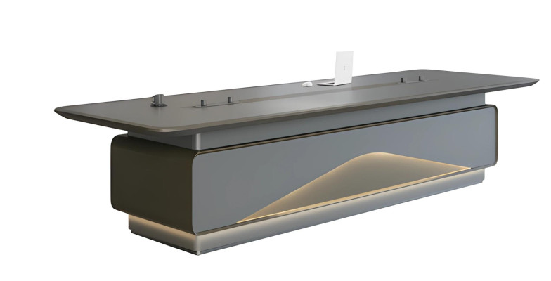 Mesa de conferência cinza luxuosa com iluminação LED e gerenciamento de cabos