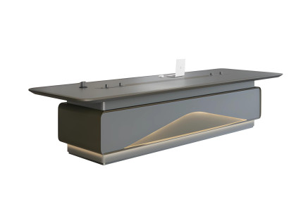 Mesa de conferência cinza luxuosa com iluminação LED e gerenciamento de cabos