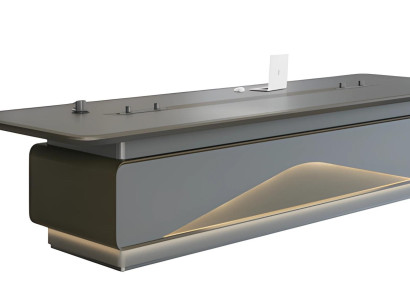 Mesa de conferência cinza luxuosa com iluminação LED e gerenciamento de cabos