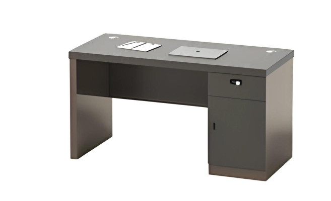 Mesa preta moderna com armazenamento e gerenciamento de cabos