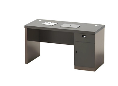 Mesa preta moderna com armazenamento e gerenciamento de cabos