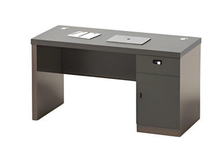 Mesa preta moderna com armazenamento e gerenciamento de cabos