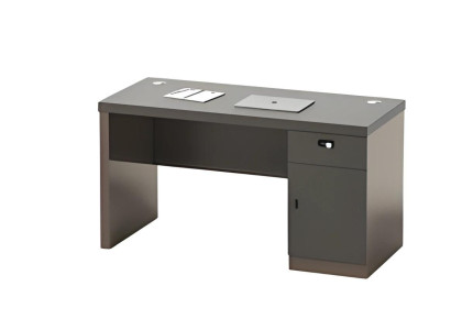 Escrivaninha moderna preta com espaço de armazenamento, fechadura e canaletas para cabos