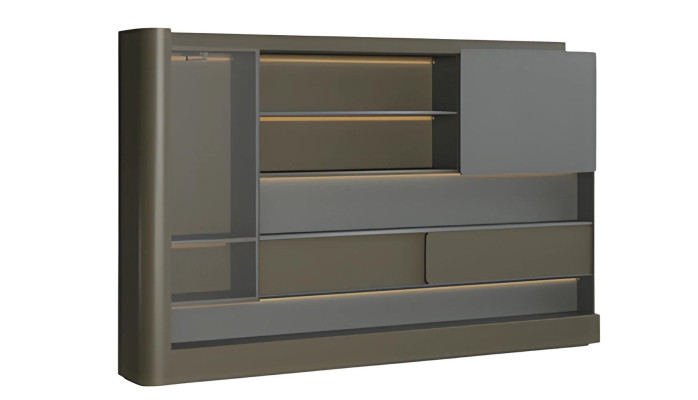 Armário de escritório moderno preto com iluminação LED cinza e espaço de armazenamento