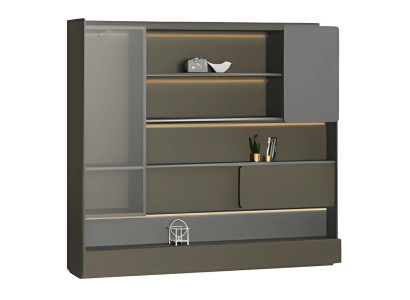 Armário de escritório moderno preto com iluminação LED cinza e espaço de armazenamento