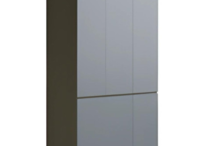 Moderno armário de escritório cinza sem puxadores, alto, com espaço de armazenamento, em estilo simples