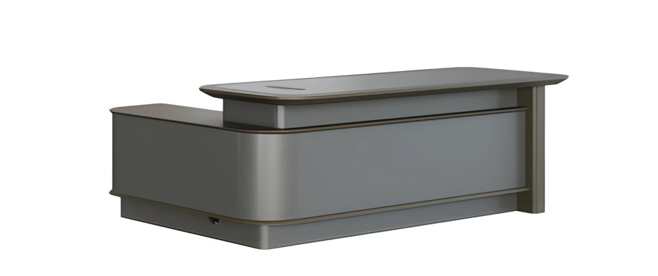 Escrivaninha cinza moderna com armazenamento e gerenciamento de cabos