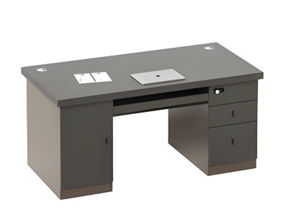 Mesa cinza com espaço de armazenamento e gavetas, canais para cabos, fechadura