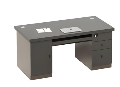 Escrivaninha moderna preta e cinza com espaço de armazenamento e gerenciamento de cabos