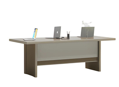 Mesa de café elegante cinza e bege com grande superfície de trabalho