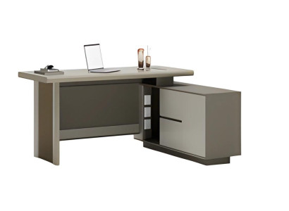 Escrivaninha cinza e bege com gavetas e espaço de armazenamento