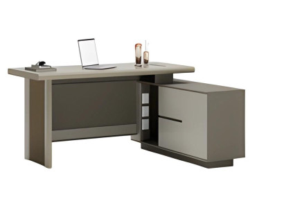 Escrivaninha cinza e bege com gavetas e espaço de armazenamento