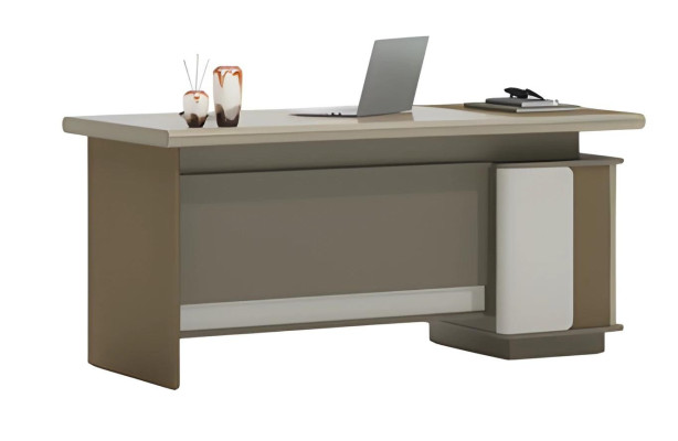 Escrivaninha marrom e cinza com gavetas e espaço de armazenamento