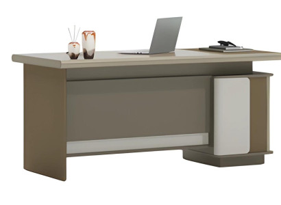 Escrivaninha marrom e cinza com gavetas e espaço de armazenamento