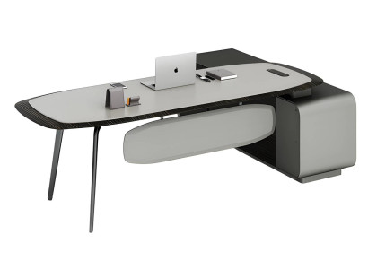 Mesa moderna preta e cinza com design elegante e espaço de armazenamento