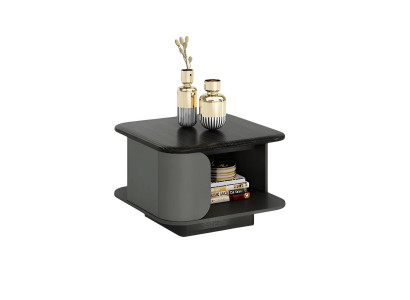 Mesa de centro moderna com dimensões compactas e um topo aberto, superfície preta