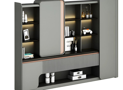 Moderna estante de abacate com prateleiras abertas e iluminação simples e elegante em cinza