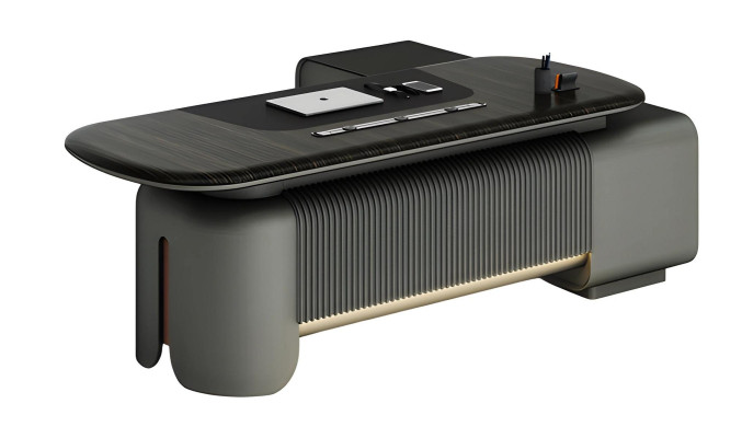 Escritório moderno com design elegante e superfície preta, iluminação