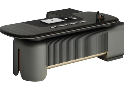 Escritório moderno com design elegante e superfície preta, iluminação