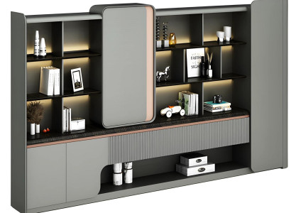 Moderna estante de escritório de bétula com prateleiras abertas, iluminação LED, elegância simples, design cinza