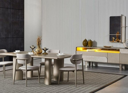 Conjunto de mesa de jantar de madeira bege elegante com cadeiras e console