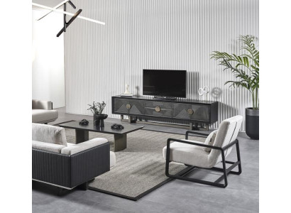 Sofá e cadeira de tecido marrom moderno