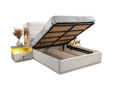 Conjunto de cama elegante com estofamento e 3 mesas de cabeceira, conjunto de 3 peças