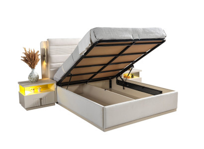 Conjunto de cama elegante com estofamento e 3 mesas de cabeceira, conjunto de 3 peças