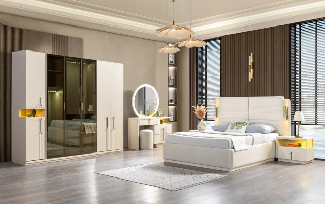 Conjunto de móveis de quarto moderno cama armário mesa de cabeceira