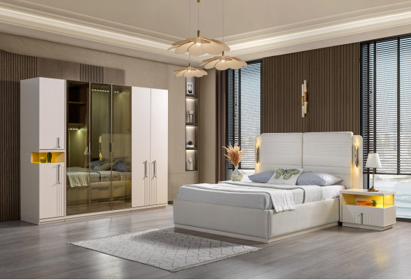 Conjunto de móveis de quarto Koko cama, armário, mesa de cabeceira 4 peças.