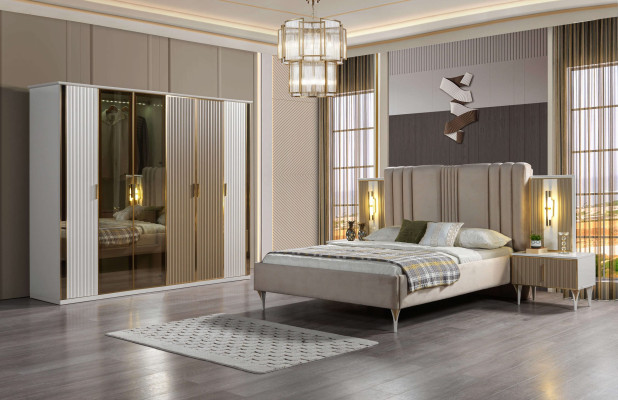 Conjunto de móveis de quarto com cama, 2 mesas de cabeceira e armário moderno, 4 peças