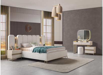 Conjunto de móveis de quarto ideal, incluindo cômoda, espelho, cama e mesas de cabeceira