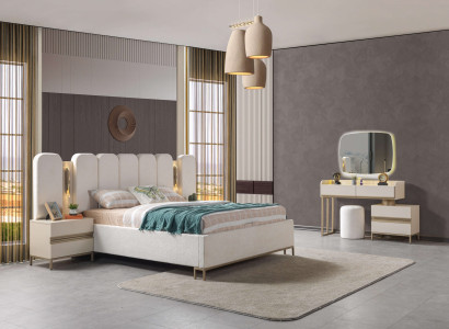 Conjunto de móveis de quarto ideal, incluindo cômoda, espelho, cama e mesas de cabeceira