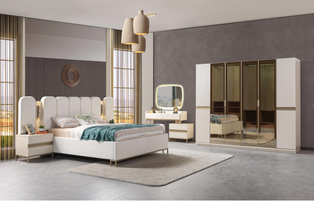 Conjunto de móveis de quarto moderno Koko 6 peças com cama, armário e mesas de cabeceira