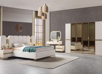 Conjunto de móveis de quarto moderno Koko 6 peças com cama, armário e mesas de cabeceira