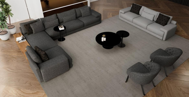 Sofá de canto elegante com duas poltronas que combina design e conforto