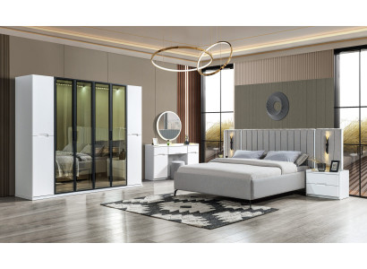 Conjunto de móveis de quarto em quatro partes cama, armário, mesa de cabeceira, madeira 6 partes