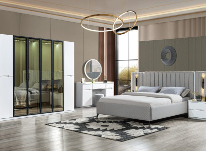 Conjunto de móveis de quarto em quatro partes cama, armário, mesa de cabeceira, madeira 6 partes