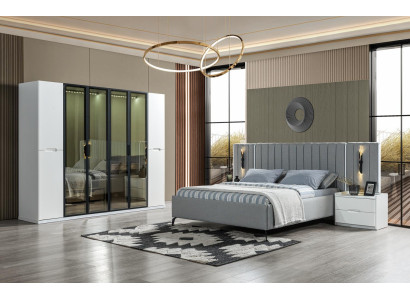 Conjunto de móveis de quarto em quatro partes cama, armário, mesa de cabeceira de madeira