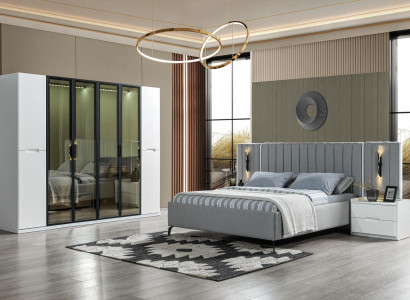 Conjunto de móveis de quarto em quatro partes cama, armário, mesa de cabeceira de madeira