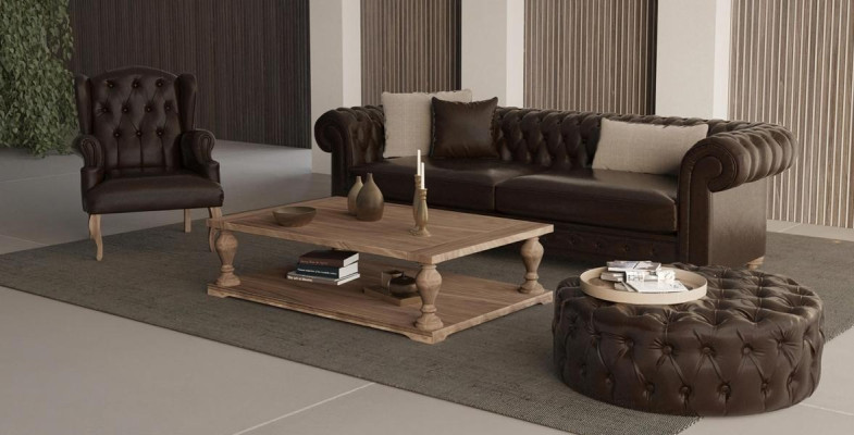 Banco elegante, cadeira e puff. Verdadeiro conforto