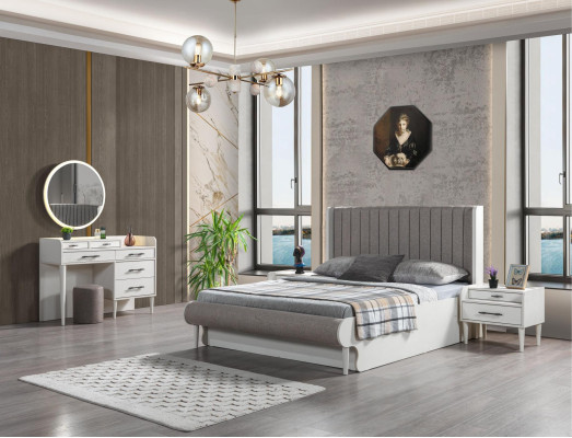 Conjunto de quarto moderno de 5 peças. Cama, mesas de cabeceira, armário