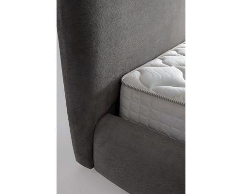 Cama elegante de tecido e madeira com colchão