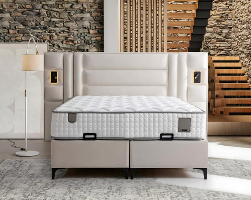 Cama elegante branca com estofado e colchão de madeira