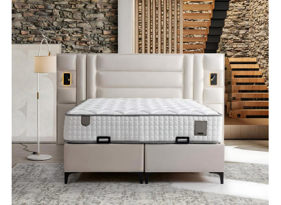 Cama elegante branca com estofado e colchão de madeira